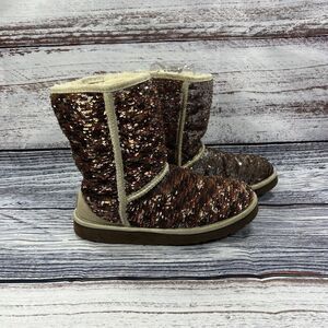 Ugg Classic Short Brown & Silver Sequin Reversible Winter Boots, Women’s Size 7